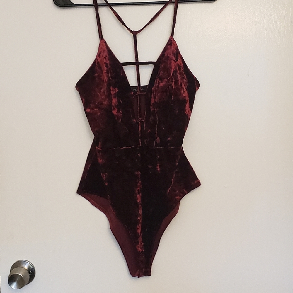 Papaya Burgundy Velvet Bodysuit - Small